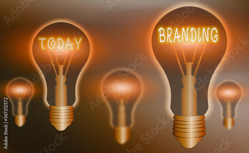 Conceptual hand writing showing Branding. Concept meaning the promoting of a product or service of a particular brand Realistic colored vintage light bulbs, idea sign solution photo