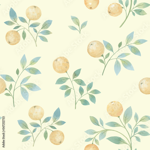 Botanical watercolor pattern of twigs and oranges. Citrus and branches with leaves painted in watercolor on a gentle, light green background.