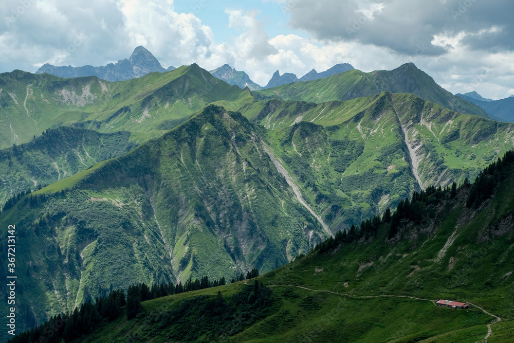Panoramic view over the valley of Kleinwalsertal and the allgaeu alps, Kleinwalsertal, Vorarlberg, Austria, Europe