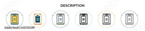 Description icon in filled, thin line, outline and stroke style. Vector illustration of two colored and black description vector icons designs can be used for mobile, ui, web