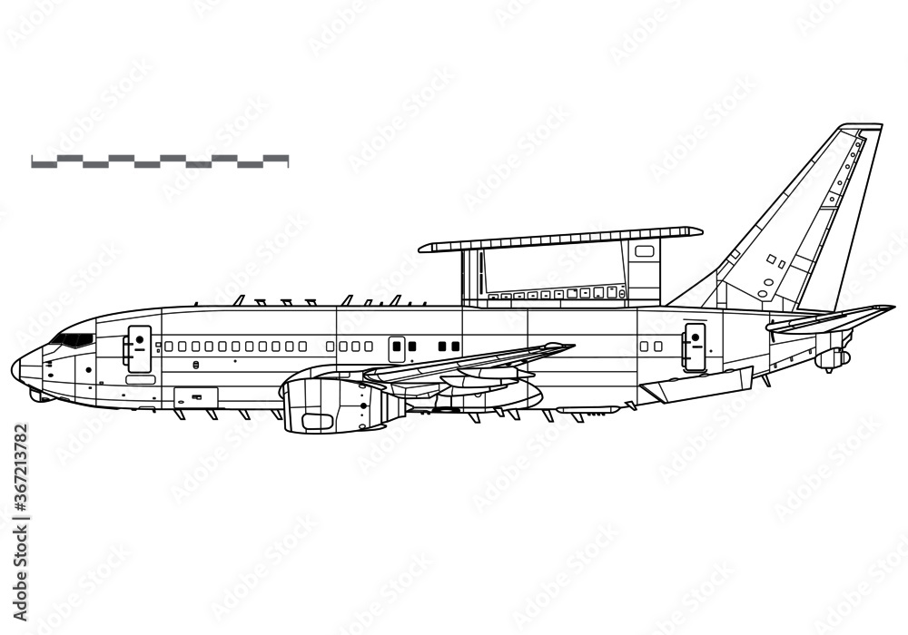 Boeing 737 AEW&C, E-7A Wedgetail. Vector drawing of airborne early warning and control aircraft. Side view. Image for illustration and infographics. Boeing 737 AEW&C, E-7A Wedgetail. Vector drawing of airborne early warning and control aircraft. Side view. Image for illustration and infographics.