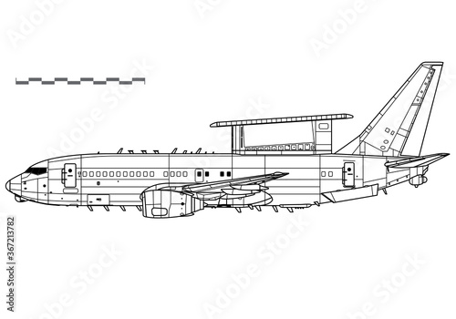 Boeing 737 AEW&C, E-7A Wedgetail. Vector drawing of airborne early warning and control aircraft. Side view. Image for illustration and infographics.