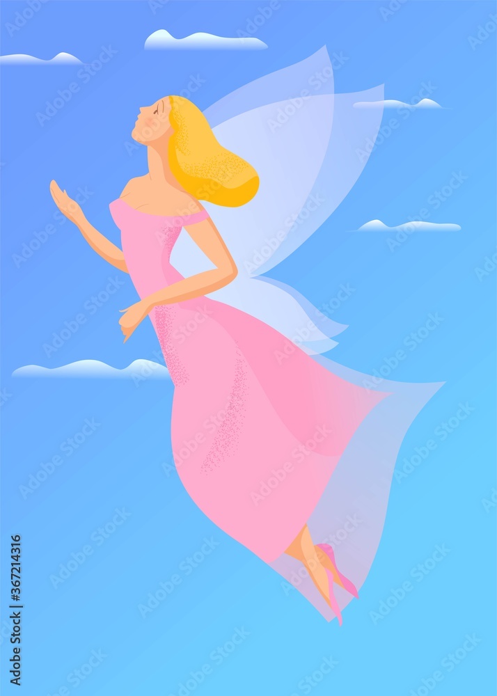 Hand drawn illustration, flying girl with wings Hand drawn illustration, flying girl with wings