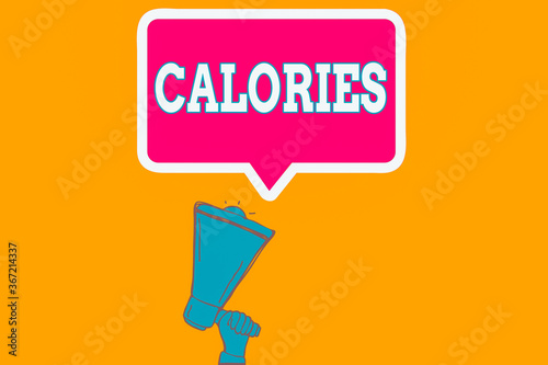 Writing note showing Calories. Business concept for an amount of food having a value of the energy of one large calorie Hu analysis Hand Holding Upward Megaphone Speech Bubble photo