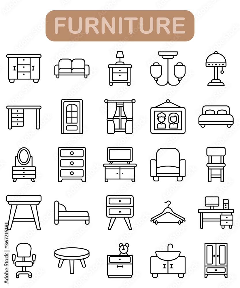 Furniture icon set, outline style Furniture icon set, outline style