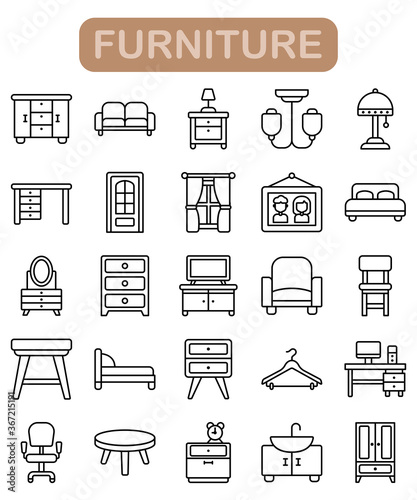 Furniture icon set, outline style