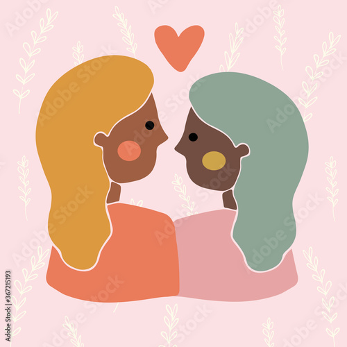 Illustration with LGBT+ and lesbian couples. Love is love. Trendy illustration. Pride concept. LGBT concept.