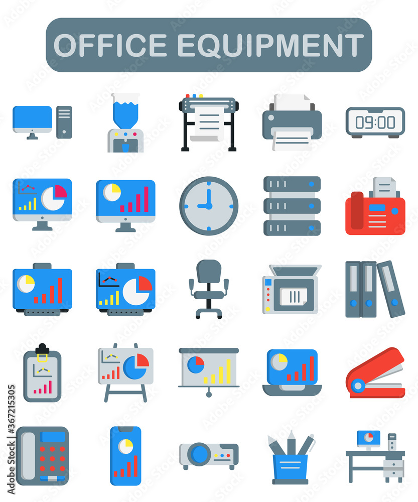 Office equipment icon set, flat style