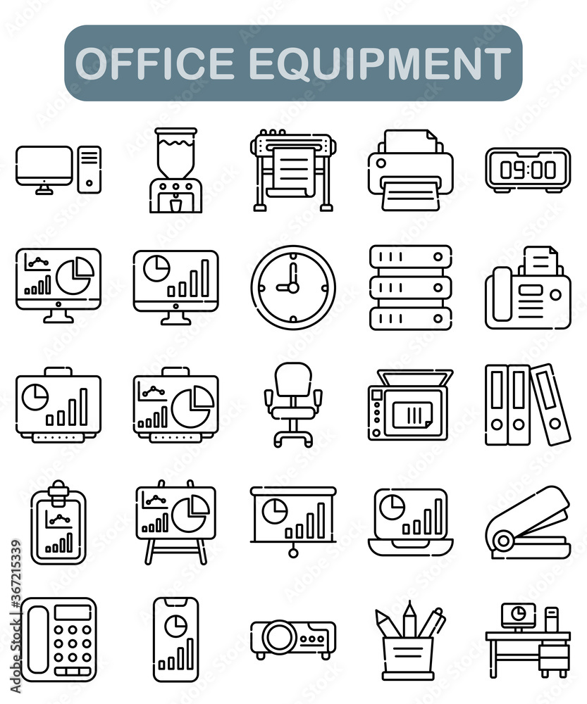 Office equipment icon set, outline style