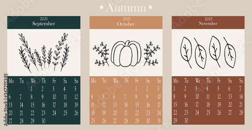 Calendar 2021. Cute calendar 2021 for the Autumn. Trendy calendar. Vector template.
