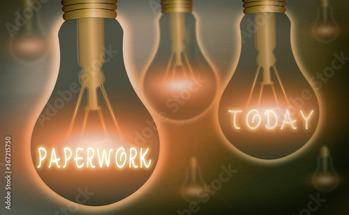 Handwriting text writing Paperwork. Conceptual photo routine clerical or recordkeeping work often incidental Realistic colored vintage light bulbs, idea sign solution thinking concept photo