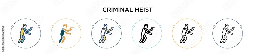 Criminal heist icon in filled, thin line, outline and stroke style. Vector illustration of two colored and black criminal heist vector icons designs can be used for mobile, ui, web