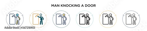 Man knocking a door icon in filled, thin line, outline and stroke style. Vector illustration of two colored and black man knocking a door vector icons designs can be used for mobile, ui, web