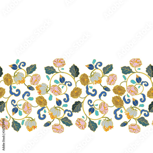 Vector royal baroque intarsia style floral border, seamless design with hand drawn historic florals on white background. Nature background. Surface pattern design. photo