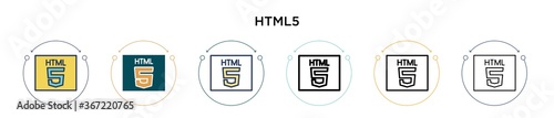 Html5 icon in filled, thin line, outline and stroke style. Vector illustration of two colored and black html5 vector icons designs can be used for mobile, ui, web