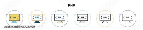 Php icon in filled, thin line, outline and stroke style. Vector illustration of two colored and black php vector icons designs can be used for mobile, ui, web