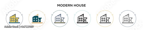Modern house icon in filled, thin line, outline and stroke style. Vector illustration of two colored and black modern house vector icons designs can be used for mobile, ui, web