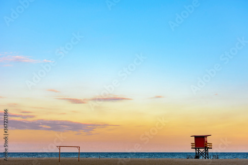 Rescue cabin on Copacabana beach at a tropical sunset on Rio de Janeiro city  Brazil