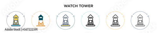Watch tower icon in filled, thin line, outline and stroke style. Vector illustration of two colored and black watch tower vector icons designs can be used for mobile, ui, web