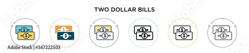 Two dollar bills icon in filled, thin line, outline and stroke style. Vector illustration of two colored and black two dollar bills vector icons designs can be used for mobile, ui, web