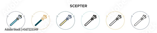 Scepter icon in filled, thin line, outline and stroke style. Vector illustration of two colored and black scepter vector icons designs can be used for mobile, ui, web