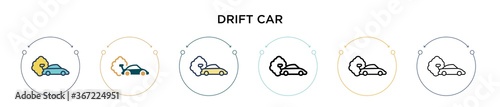 Drift car icon in filled, thin line, outline and stroke style. Vector illustration of two colored and black drift car vector icons designs can be used for mobile, ui, web