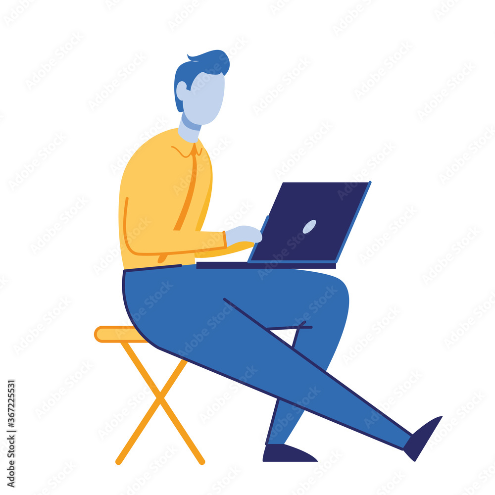Man sitting on a chair with a laptop. Flat vector icon.