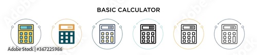 Basic calculator icon in filled, thin line, outline and stroke style. Vector illustration of two colored and black basic calculator vector icons designs can be used for mobile, ui, web