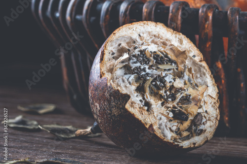 Photography Still Life with Rotten Fruits, macro detail of split fruit