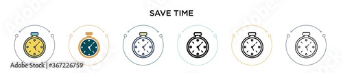 Save time icon in filled, thin line, outline and stroke style. Vector illustration of two colored and black save time vector icons designs can be used for mobile, ui, web