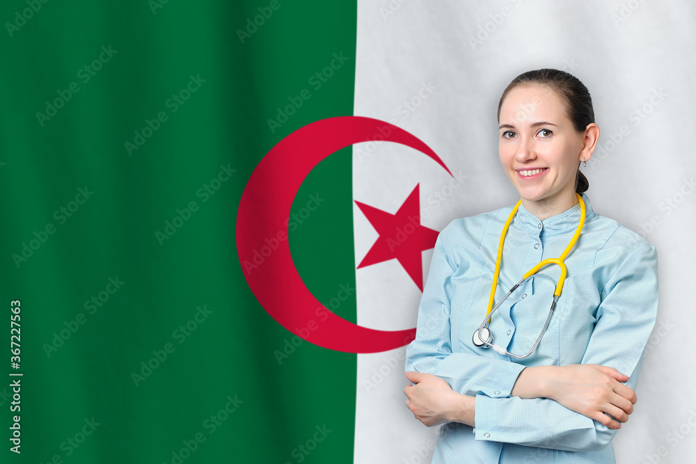 People Democratic Republic of Algeria healthcare concept with doctor on background. Medical insurance, work or study in the country. People Democratic Republic of Algeria healthcare concept with doctor on background. Medical insurance, work or study in the country.