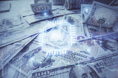 Double exposure of data theme drawing over us dollars bill background. Technology concept.