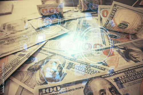 Multi exposure of social network drawing over us dollars bill background. Concept of people connection.