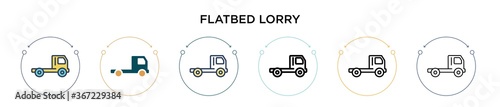 Flatbed lorry icon in filled, thin line, outline and stroke style. Vector illustration of two colored and black flatbed lorry vector icons designs can be used for mobile, ui, web