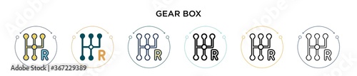 Gear box icon in filled, thin line, outline and stroke style. Vector illustration of two colored and black gear box vector icons designs can be used for mobile, ui, web