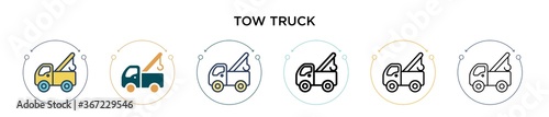 Tow truck icon in filled, thin line, outline and stroke style. Vector illustration of two colored and black tow truck vector icons designs can be used for mobile, ui, web