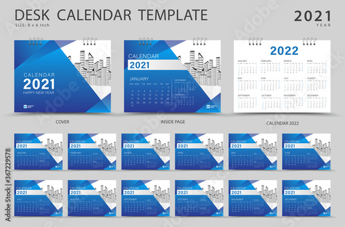 Set Desk calendar 2021 template. Calendar 2022 layout, Set of 12 Months, Planner, Week starts on Sunday, Stationery design, advertisement, Modern Red cover design, business brochure flyer, Vector eps1