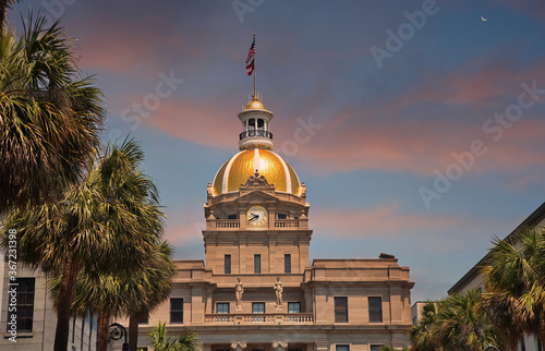 The famous gold domed city hall in Savannah, Georgia photo