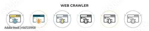 Web crawler icon in filled, thin line, outline and stroke style. Vector illustration of two colored and black web crawler vector icons designs can be used for mobile, ui, web