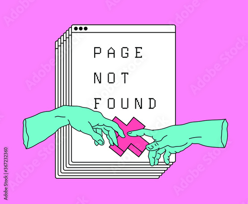 Page not found design template. Conceptual line art illustration with two hands going to touch together and multiple tabs on the background.