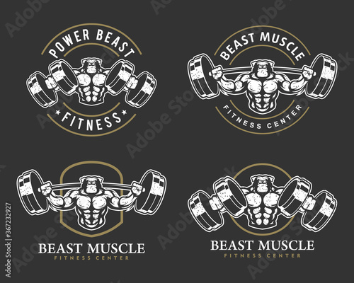 Dog bulldog k9 with strong body, fitness club or gym logo set. Design element for company logo, label, emblem, apparel or other merchandise. Scalable and editable Vector illustration.