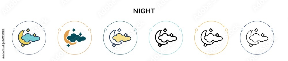 Night icon in filled, thin line, outline and stroke style. Vector illustration of two colored and black night vector icons designs can be used for mobile, ui, web