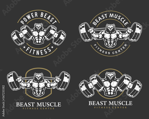 Bear with strong body, fitness club or gym logo set. Design element for company logo, label, emblem, apparel or other merchandise. Scalable and editable Vector illustration