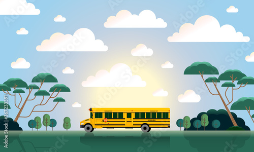 back to school, bus in the sunlight illustration with clouds and forest, cartoon, go to school, reopening, dusk, sunset, sunrise, dawn, trees, barks, branches, bushes, schoolbus, vehicle