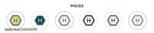 Pisces icon in filled, thin line, outline and stroke style. Vector illustration of two colored and black pisces vector icons designs can be used for mobile, ui, web