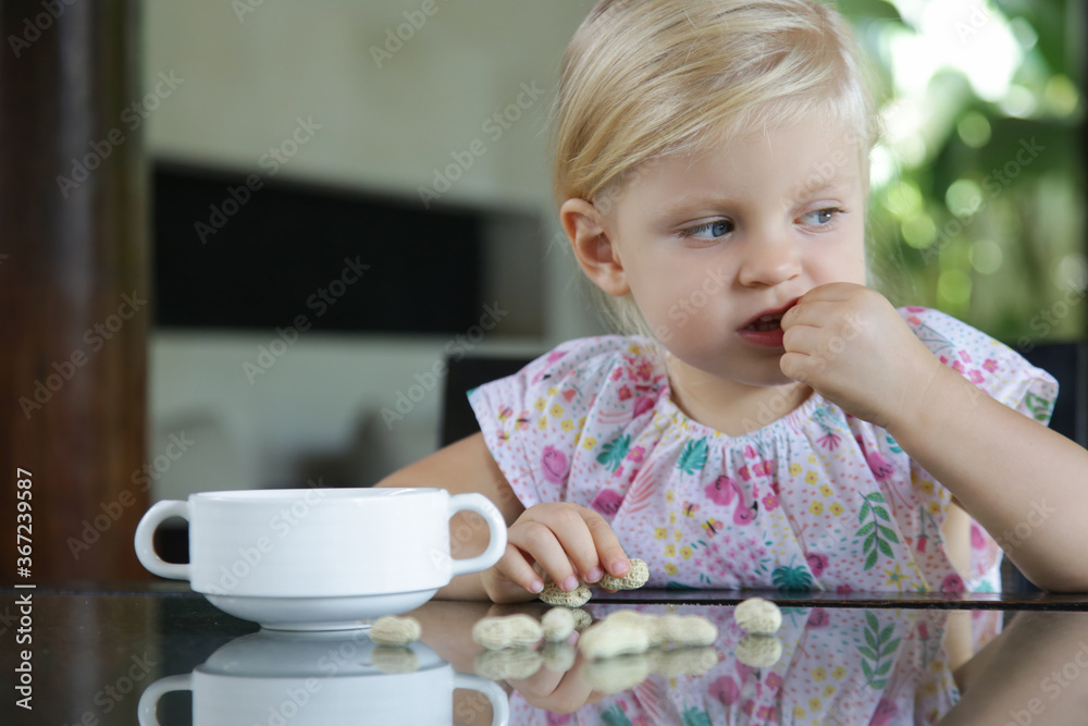 Toddler girl eating peanuts in shell on the kitchen table Toddler girl eating peanuts in shell on the kitchen table