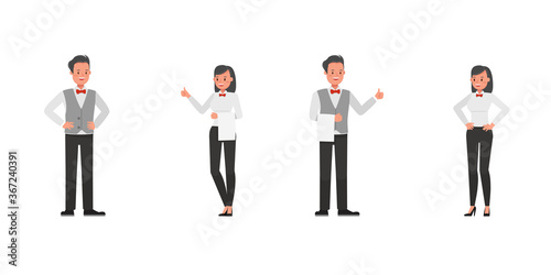 Set of waiters, man and woman character vector design. Presentation in various action.