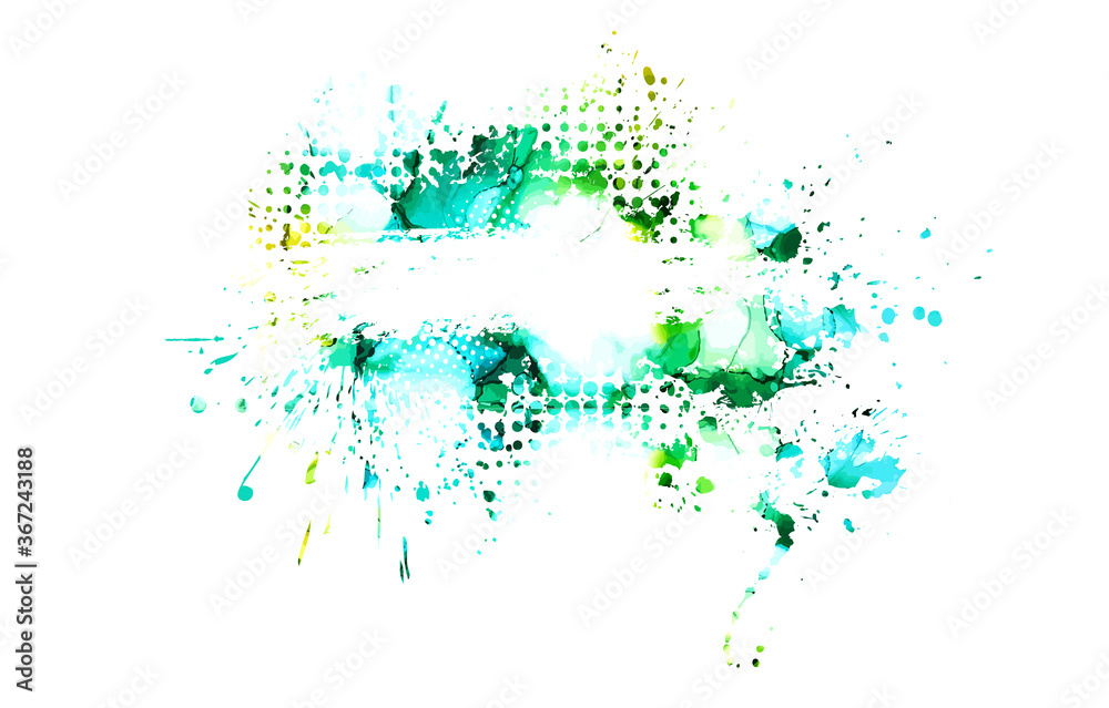 Blue and green blots background. Blot text frame. Grunge texture. Art ink dirty design. Border for artistic shape, paintbrush element. Vector illustration