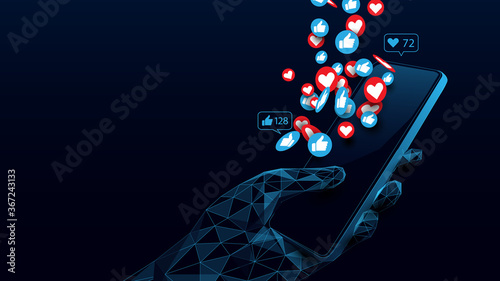 Social Media Concept. Hand Holding Smartphone with Like, Love Icons. Low Poly and Wireframe Design. Vector Illustration