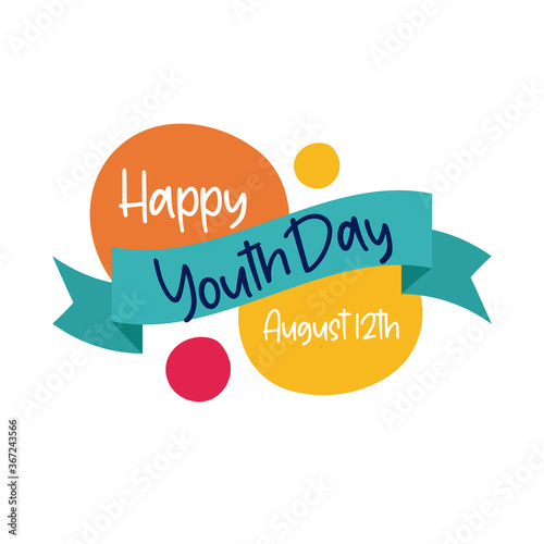 happy youth day lettering with ribbon frame flat style